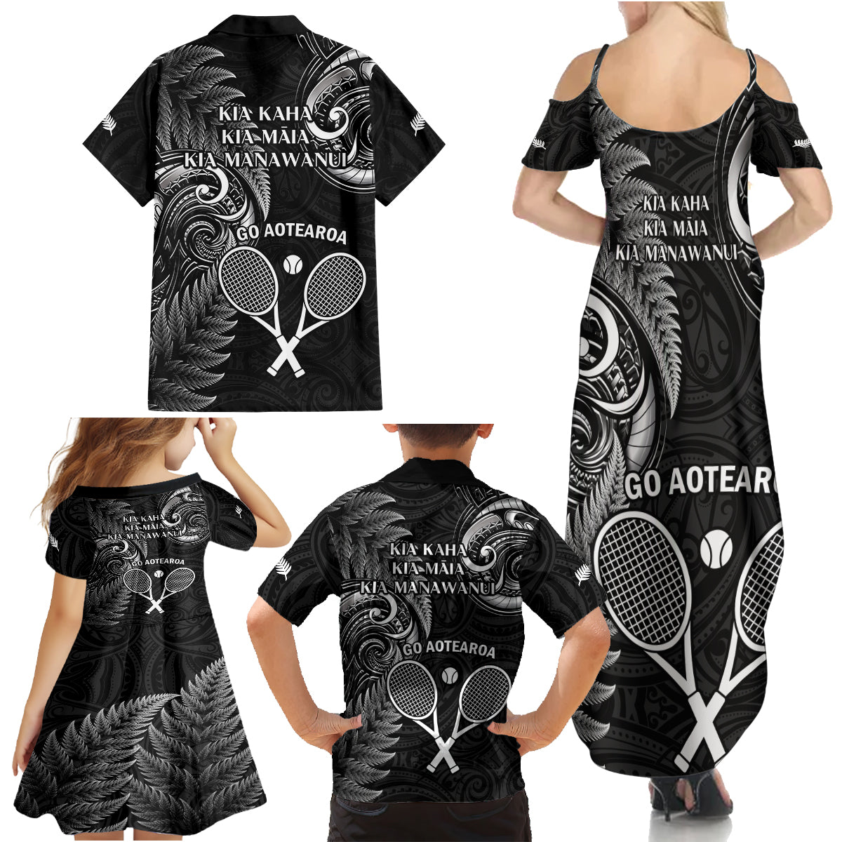 New Zealand Tiki Tennis Family Matching Summer Maxi Dress and Hawaiian Shirt 2024 Aotearoa Tenehi Maori Silver Fern - Black