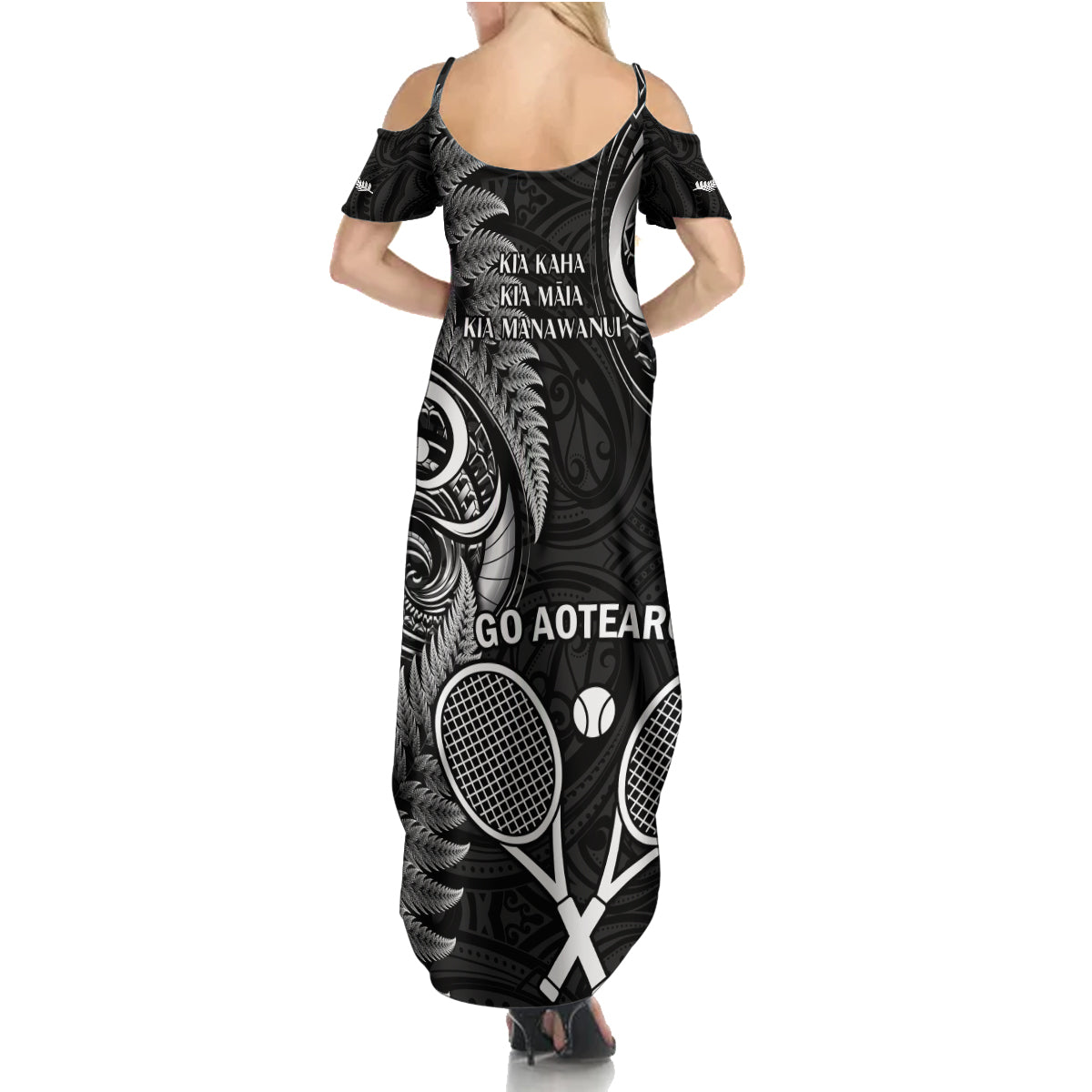 New Zealand Tiki Tennis Family Matching Summer Maxi Dress and Hawaiian Shirt 2024 Aotearoa Tenehi Maori Silver Fern - Black