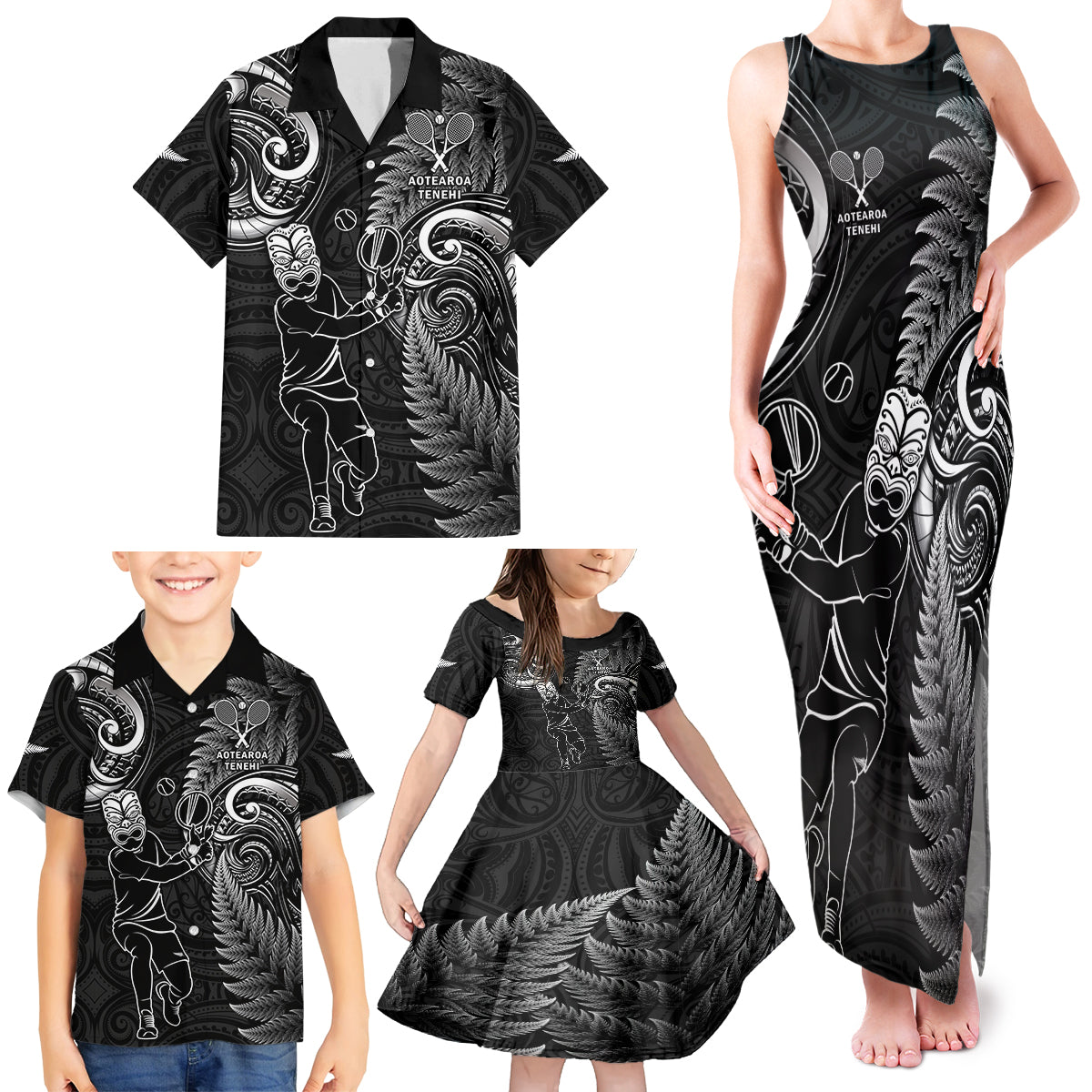 New Zealand Tiki Tennis Family Matching Tank Maxi Dress and Hawaiian Shirt 2024 Aotearoa Tenehi Maori Silver Fern - Black