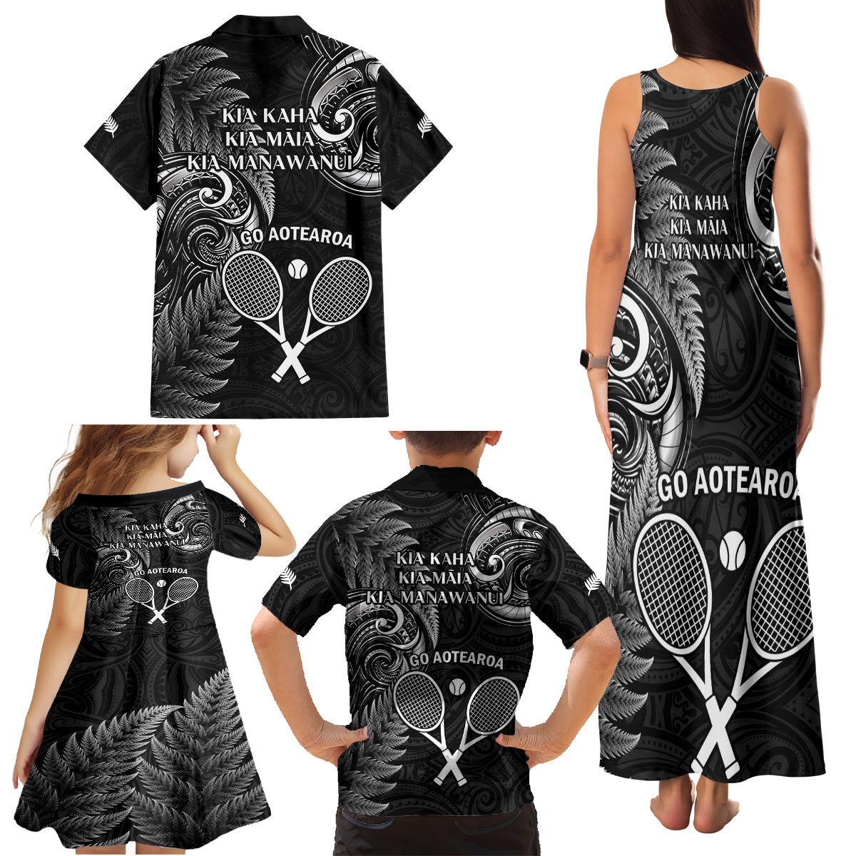 New Zealand Tiki Tennis Family Matching Tank Maxi Dress and Hawaiian Shirt 2024 Aotearoa Tenehi Maori Silver Fern - Black