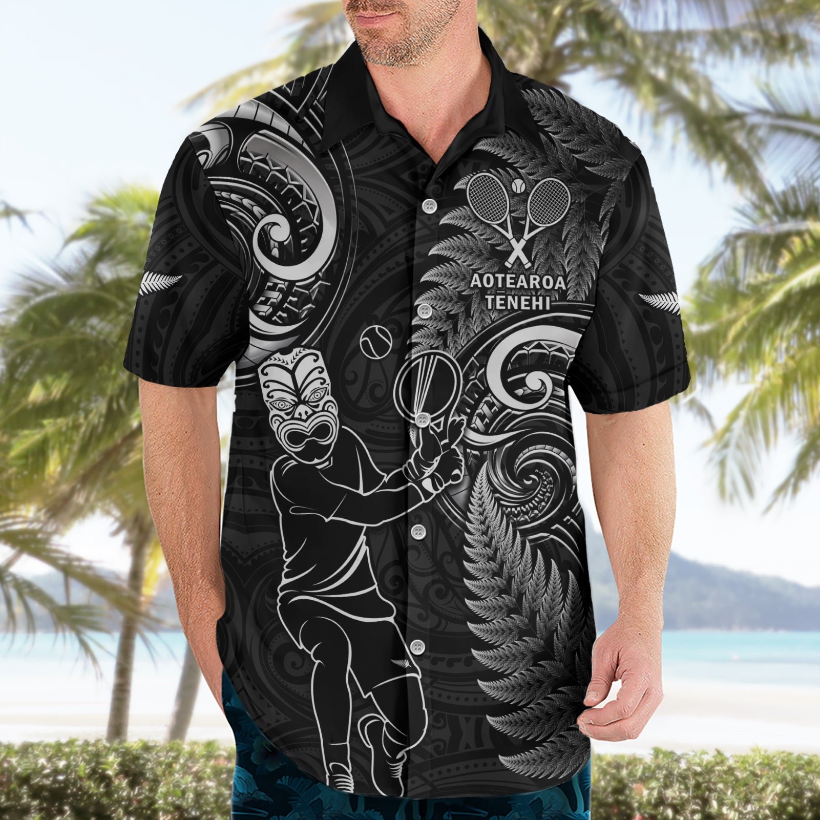 New Zealand Tiki Tennis Hawaiian Shirt 2024 Aotearoa Tenehi Maori Silver Fern - Black - Vibe Hoodie Shop