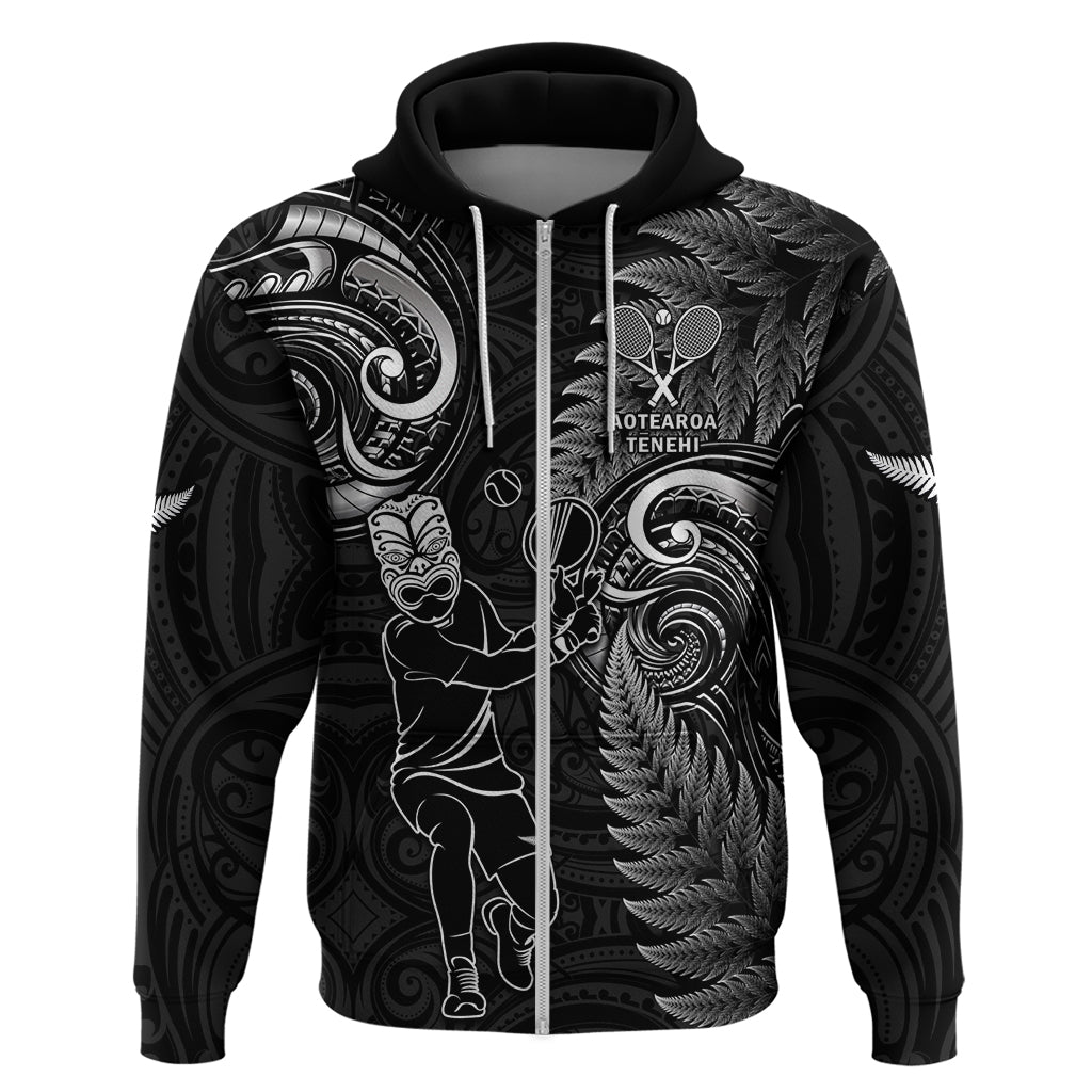 New Zealand Tiki Tennis Hoodie 2024 Aotearoa Tenehi Maori Silver Fern - Black - Vibe Hoodie Shop