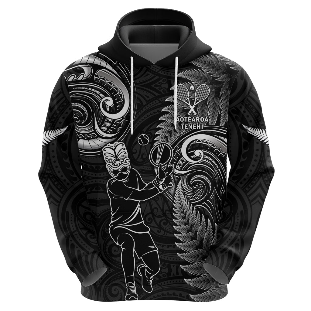 New Zealand Tiki Tennis Hoodie 2024 Aotearoa Tenehi Maori Silver Fern - Black - Vibe Hoodie Shop