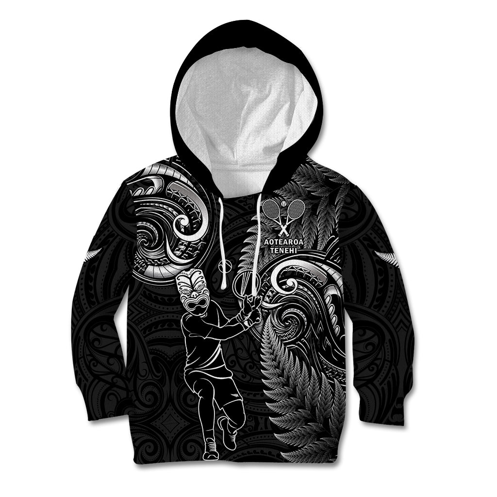 New Zealand Tiki Tennis Kid Hoodie 2024 Aotearoa Tenehi Maori Silver Fern - Black - Vibe Hoodie Shop