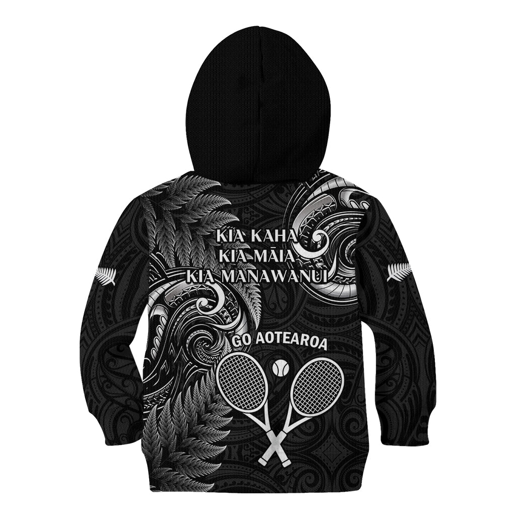 New Zealand Tiki Tennis Kid Hoodie 2024 Aotearoa Tenehi Maori Silver Fern - Black - Vibe Hoodie Shop