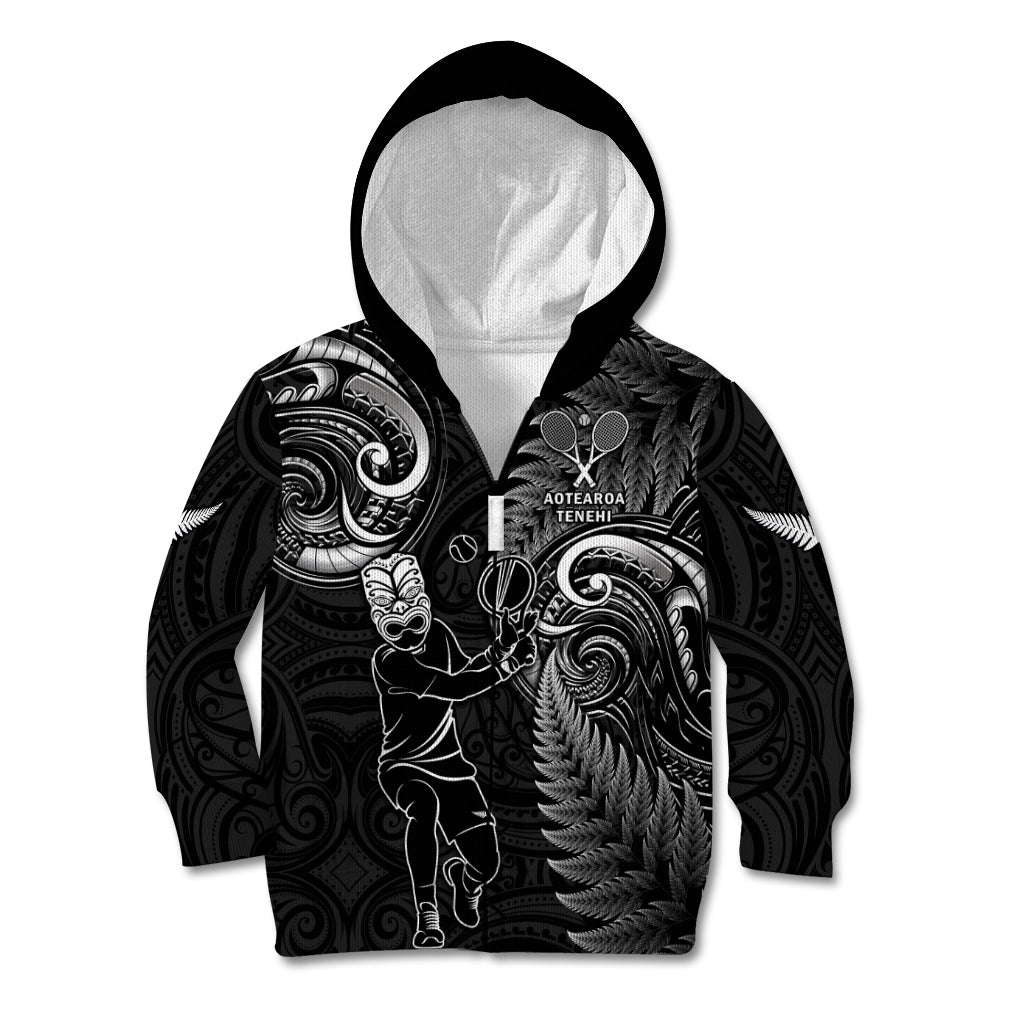 New Zealand Tiki Tennis Kid Hoodie 2024 Aotearoa Tenehi Maori Silver Fern - Black - Vibe Hoodie Shop