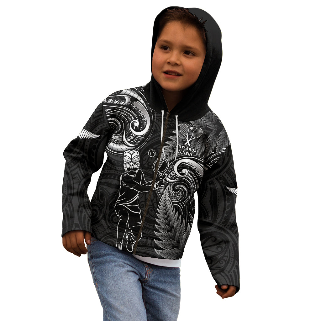 New Zealand Tiki Tennis Kid Hoodie 2024 Aotearoa Tenehi Maori Silver Fern - Black - Vibe Hoodie Shop