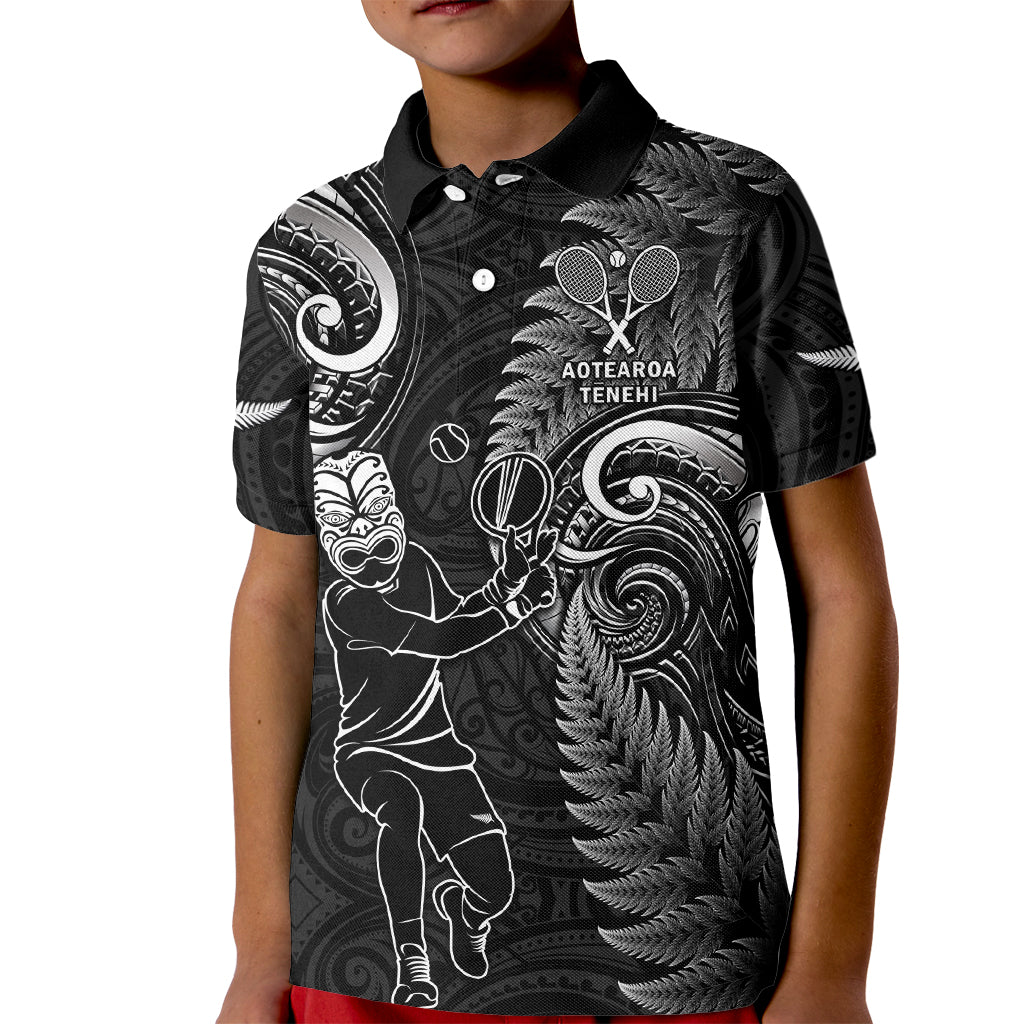 New Zealand Tiki Tennis Kid Polo Shirt 2024 Aotearoa Tenehi Maori Silver Fern - Black - Vibe Hoodie Shop