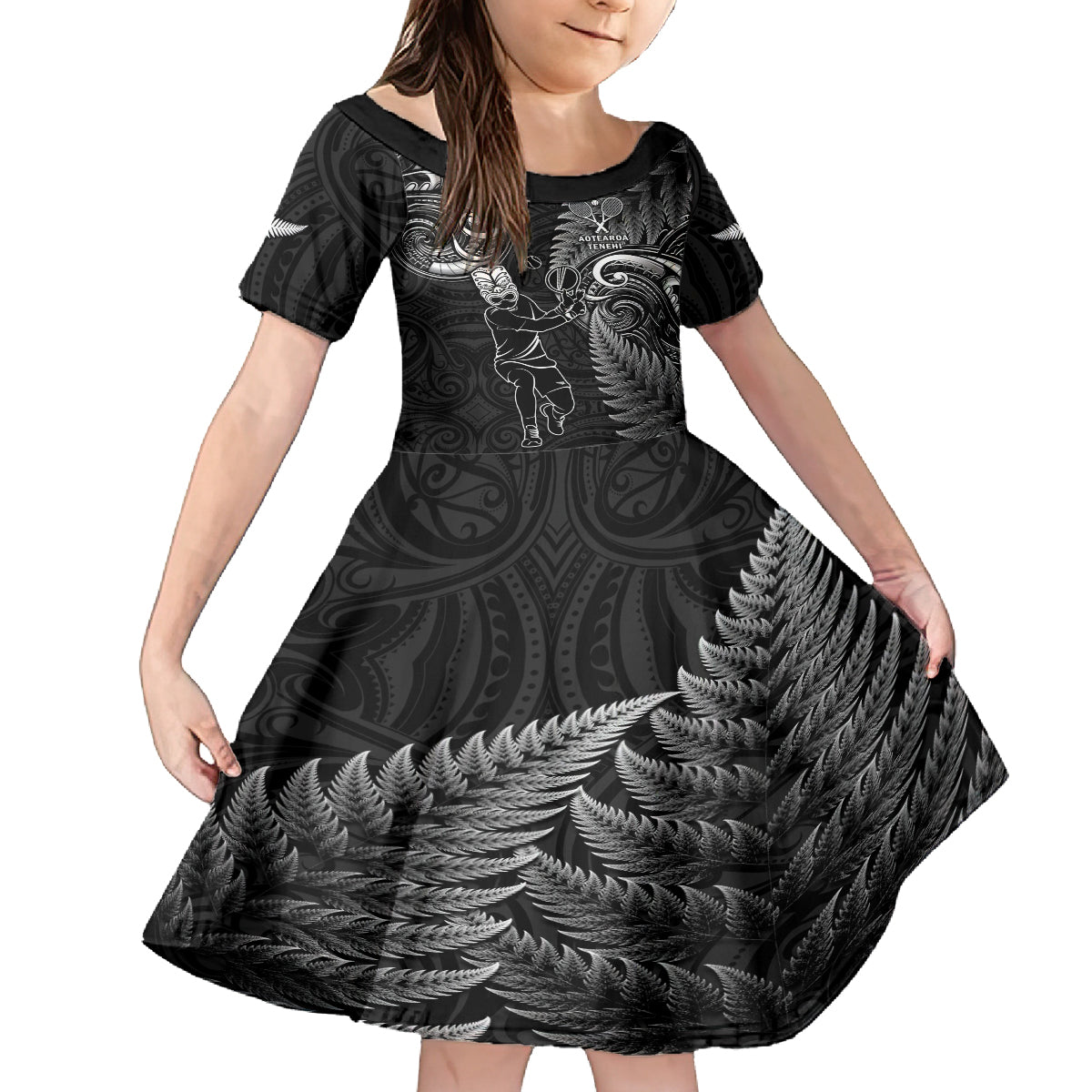 New Zealand Tiki Tennis Kid Short Sleeve Dress 2024 Aotearoa Tenehi Maori Silver Fern - Black - Vibe Hoodie Shop