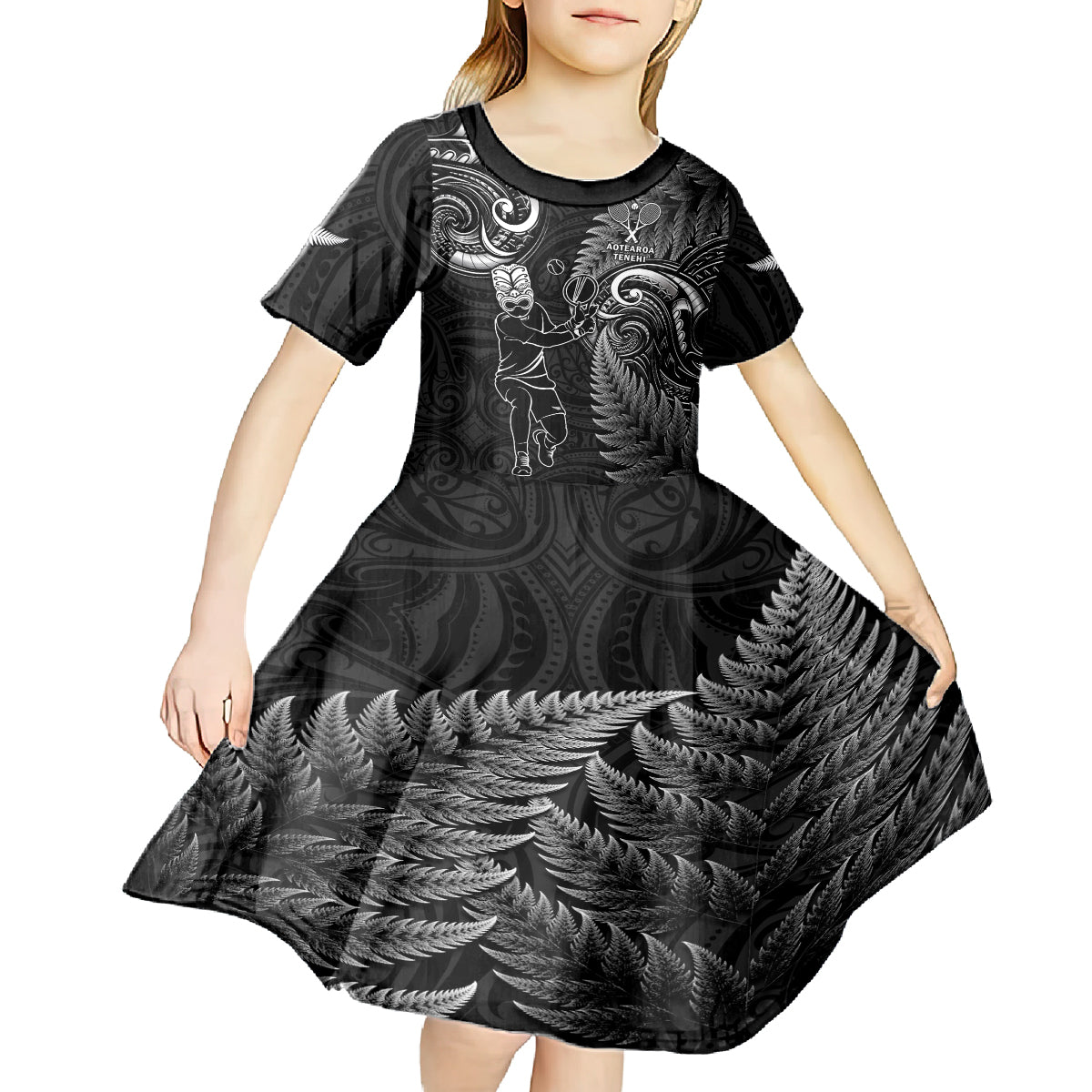 New Zealand Tiki Tennis Kid Short Sleeve Dress 2024 Aotearoa Tenehi Maori Silver Fern - Black - Vibe Hoodie Shop