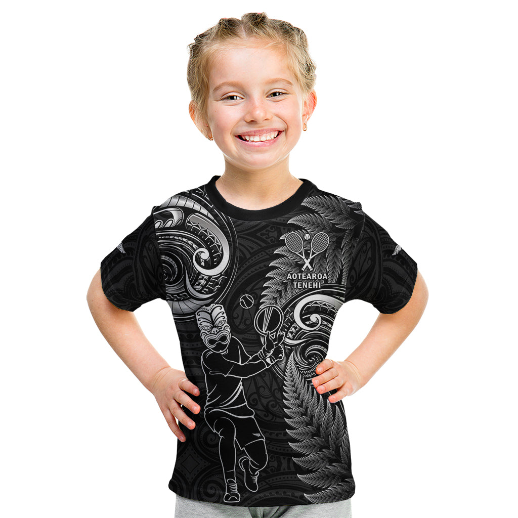 New Zealand Tiki Tennis Kid T Shirt 2024 Aotearoa Tenehi Maori Silver Fern - Black - Vibe Hoodie Shop