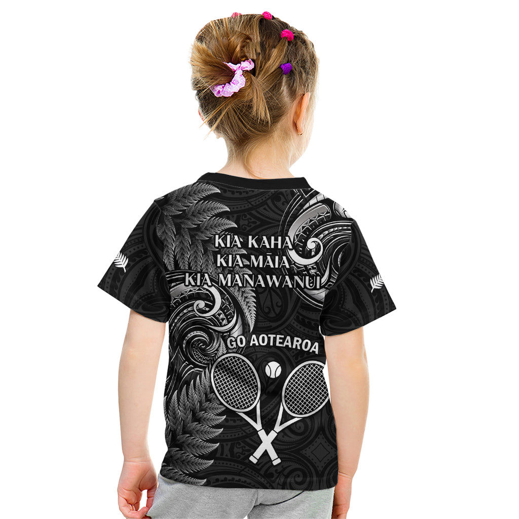 New Zealand Tiki Tennis Kid T Shirt 2024 Aotearoa Tenehi Maori Silver Fern - Black - Vibe Hoodie Shop