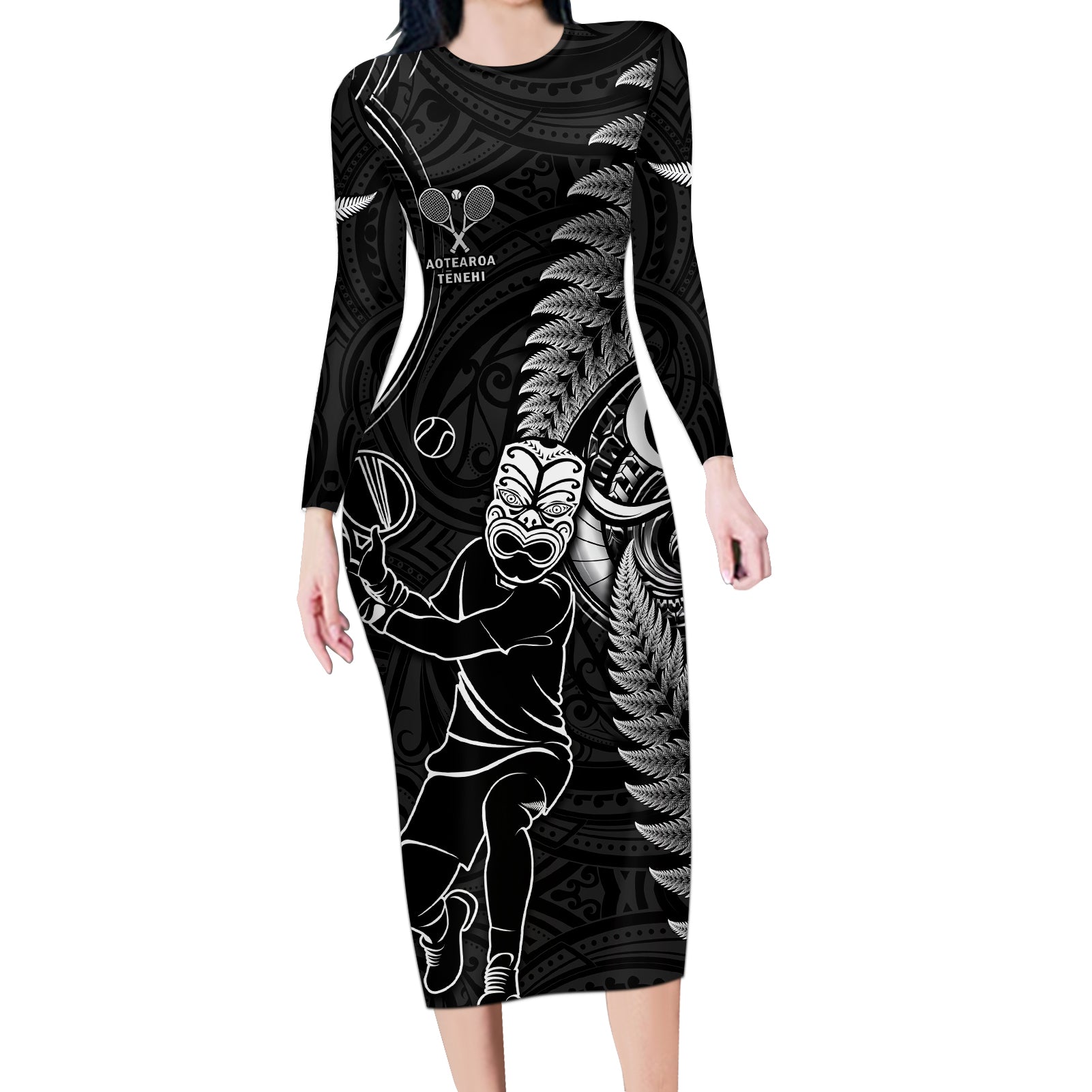 New Zealand Tiki Tennis Long Sleeve Bodycon Dress 2024 Aotearoa Tenehi Maori Silver Fern - Black