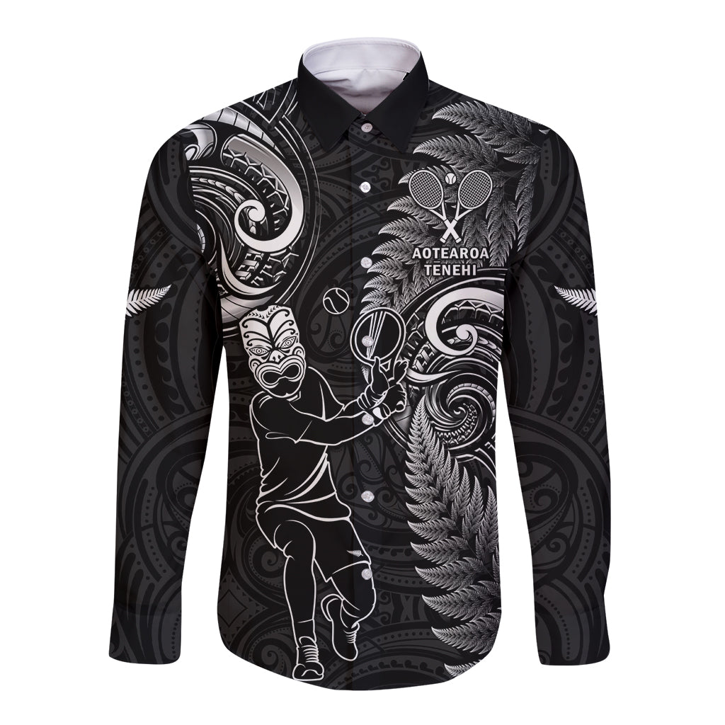 New Zealand Tiki Tennis Long Sleeve Button Shirt 2024 Aotearoa Tenehi Maori Silver Fern - Black - Vibe Hoodie Shop