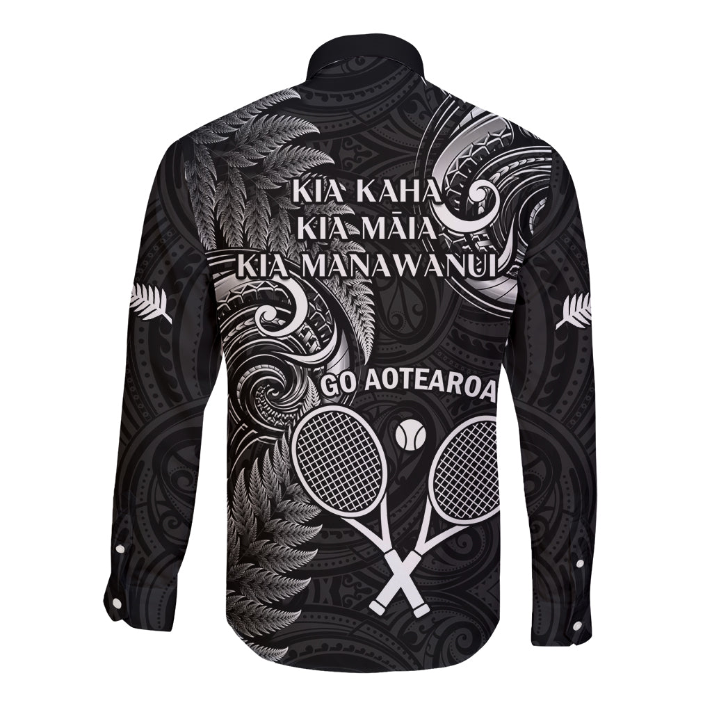 New Zealand Tiki Tennis Long Sleeve Button Shirt 2024 Aotearoa Tenehi Maori Silver Fern - Black - Vibe Hoodie Shop