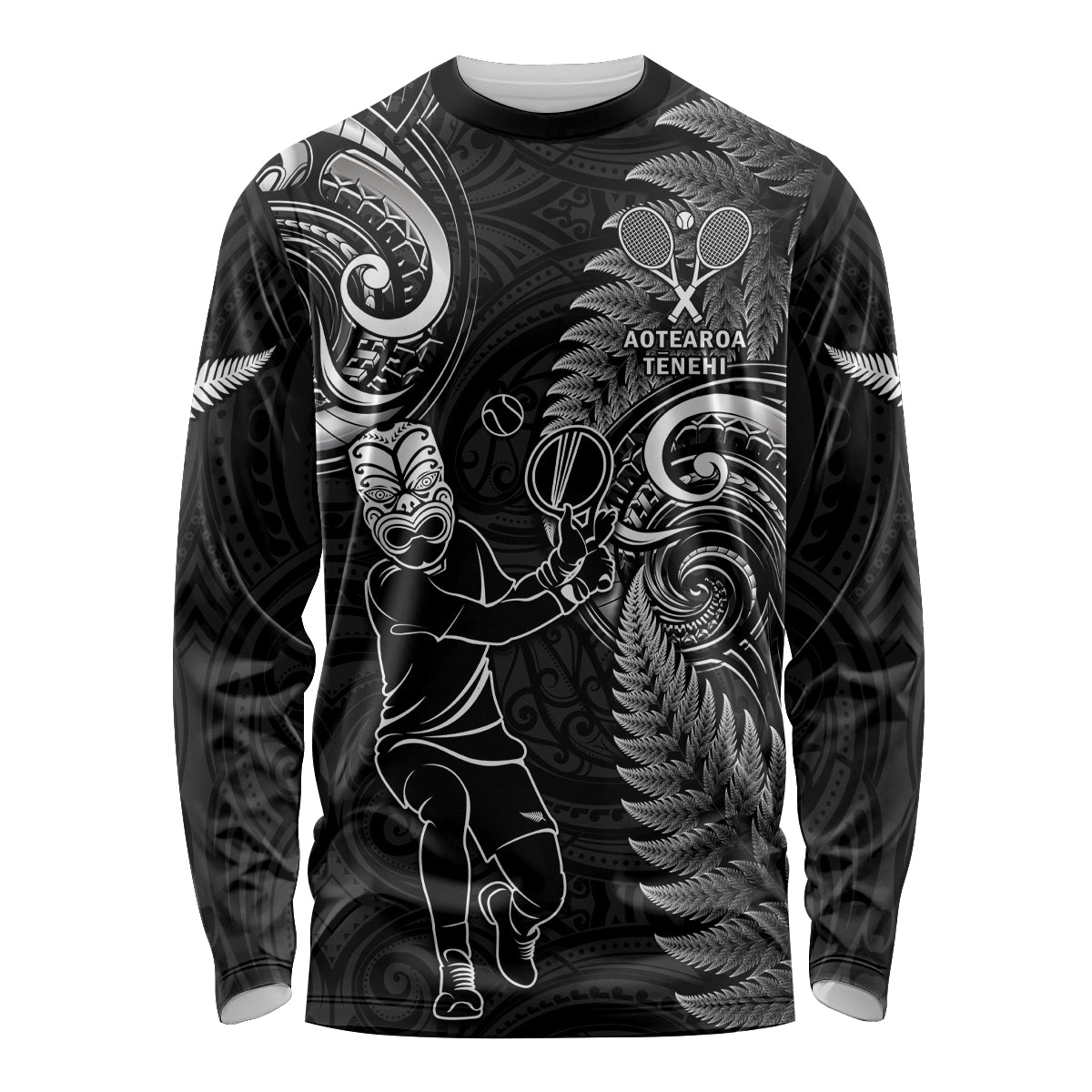 New Zealand Tiki Tennis Long Sleeve Shirt 2024 Aotearoa Tenehi Maori Silver Fern - Black - Vibe Hoodie Shop