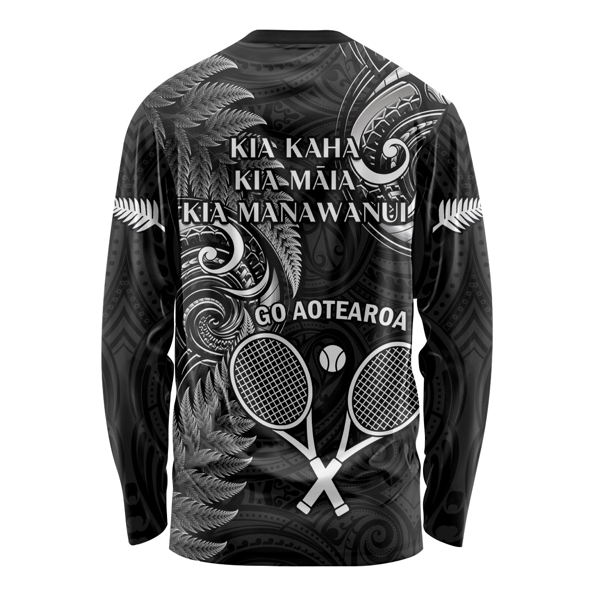 New Zealand Tiki Tennis Long Sleeve Shirt 2024 Aotearoa Tenehi Maori Silver Fern - Black - Vibe Hoodie Shop