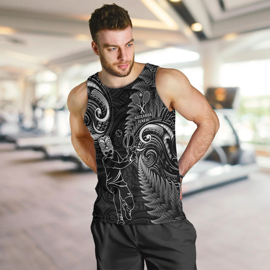 New Zealand Tiki Tennis Men Tank Top 2024 Aotearoa Tenehi Maori Silver Fern - Black - Vibe Hoodie Shop