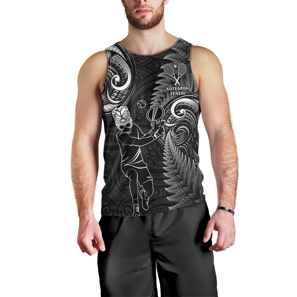 New Zealand Tiki Tennis Men Tank Top 2024 Aotearoa Tenehi Maori Silver Fern - Black - Vibe Hoodie Shop