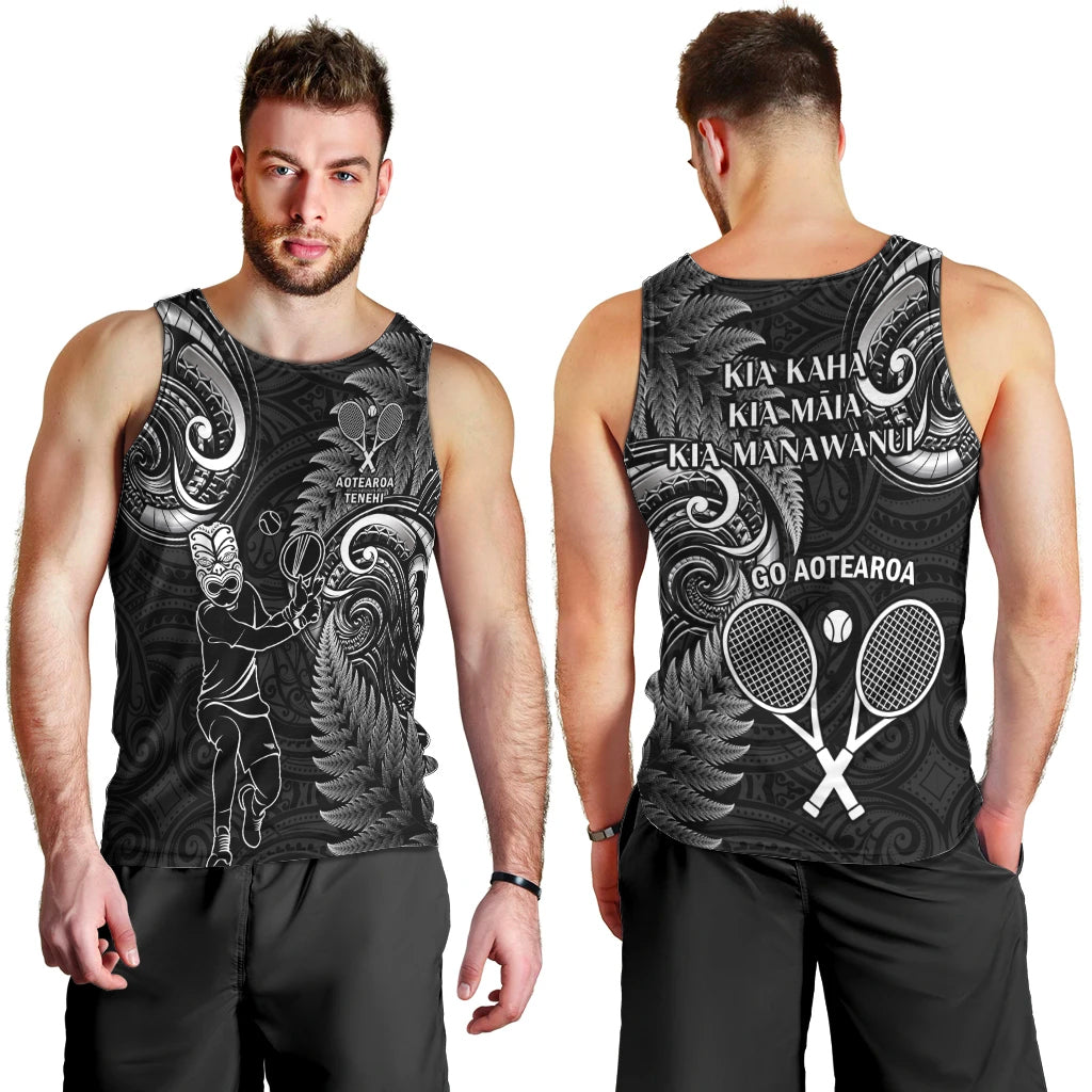 New Zealand Tiki Tennis Men Tank Top 2024 Aotearoa Tenehi Maori Silver Fern - Black - Vibe Hoodie Shop