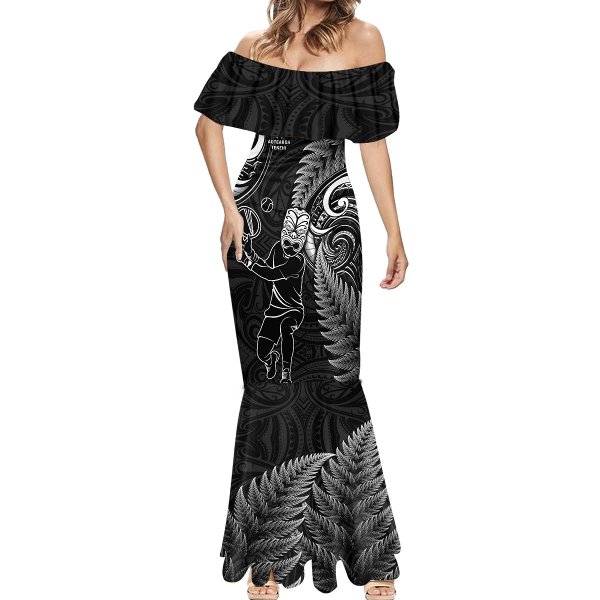 New Zealand Tiki Tennis Mermaid Dress 2024 Aotearoa Tenehi Maori Silver Fern - Black