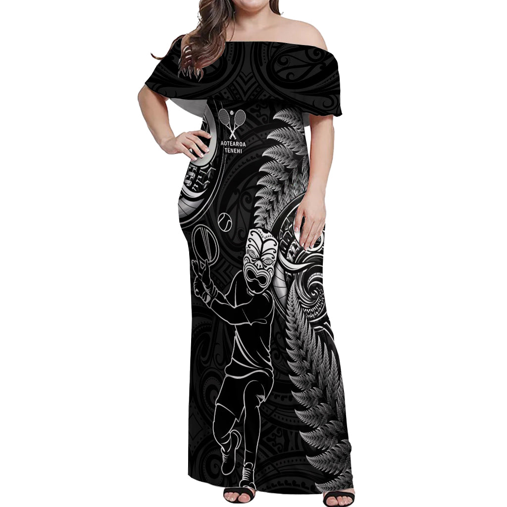 New Zealand Tiki Tennis Off Shoulder Maxi Dress 2024 Aotearoa Tenehi Maori Silver Fern - Black