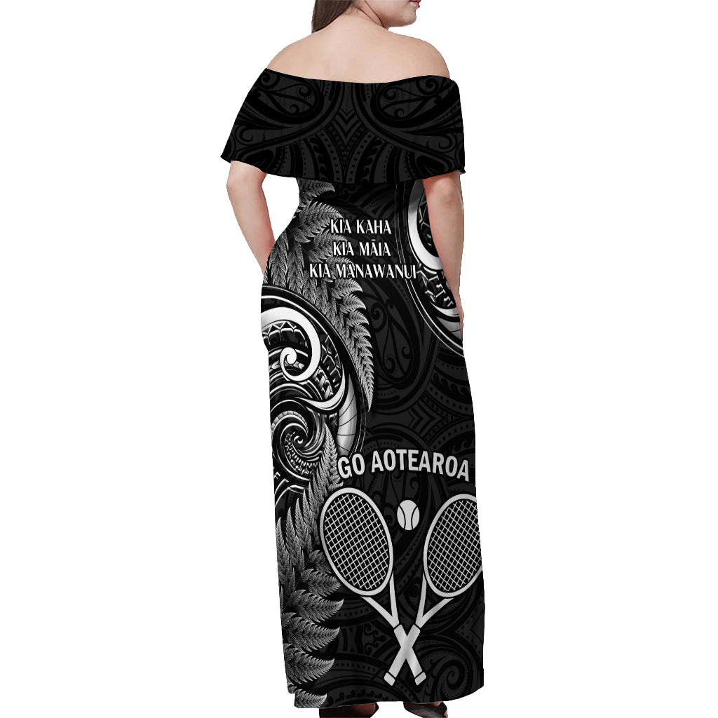 New Zealand Tiki Tennis Off Shoulder Maxi Dress 2024 Aotearoa Tenehi Maori Silver Fern - Black