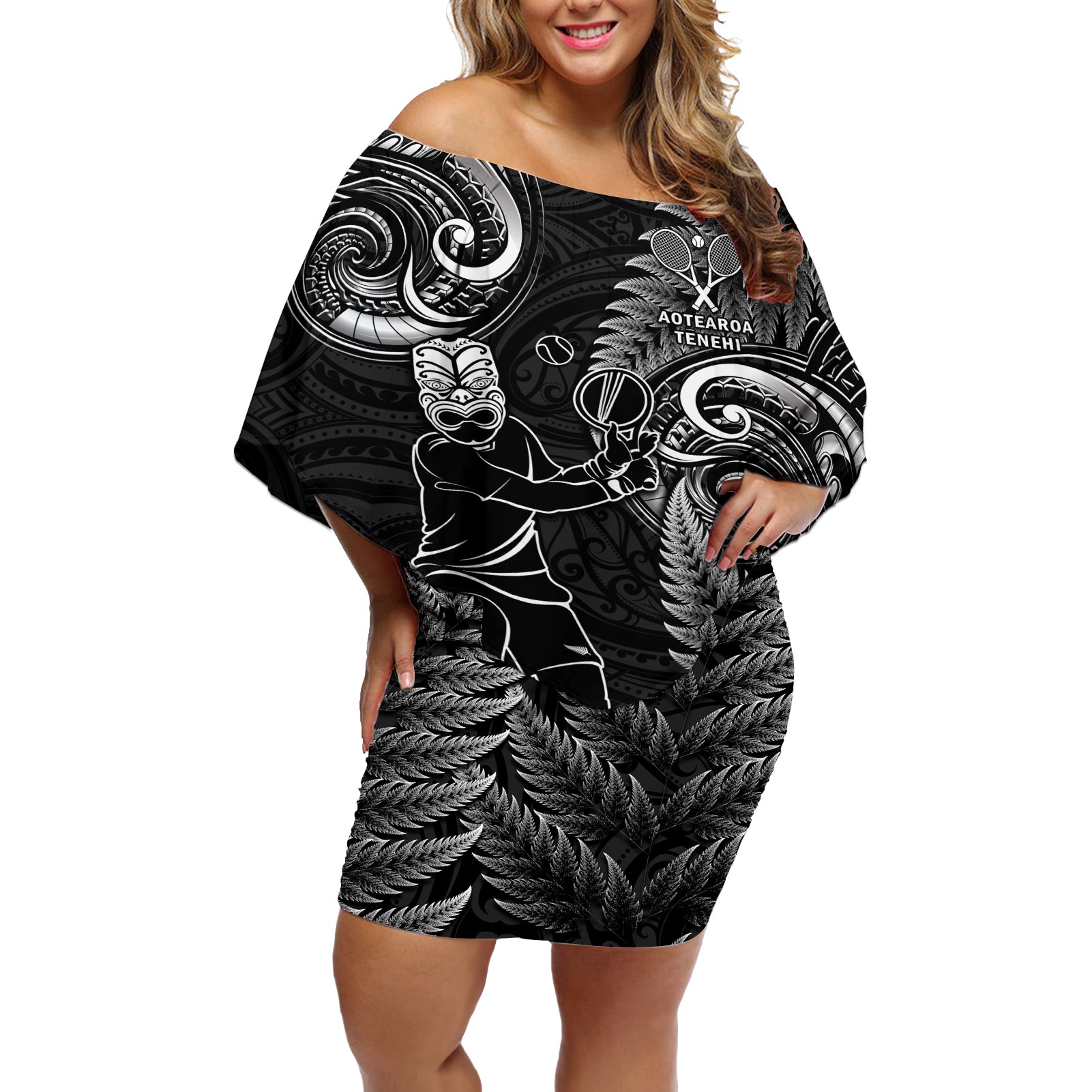 New Zealand Tiki Tennis Off Shoulder Short Dress 2024 Aotearoa Tenehi Maori Silver Fern - Black