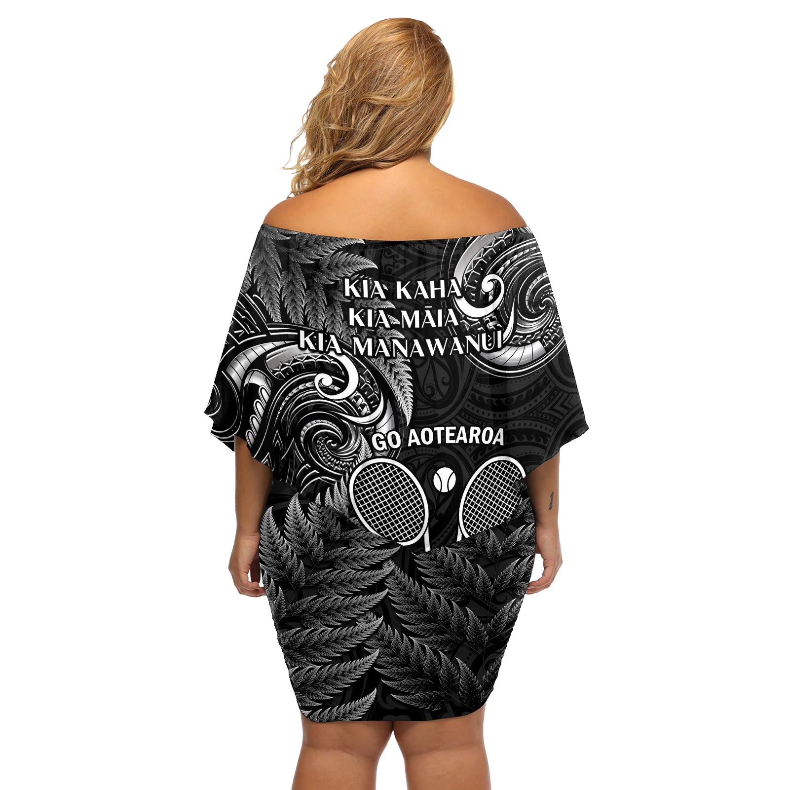 New Zealand Tiki Tennis Off Shoulder Short Dress 2024 Aotearoa Tenehi Maori Silver Fern - Black