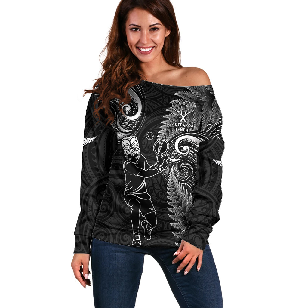 New Zealand Tiki Tennis Off Shoulder Sweater 2024 Aotearoa Tenehi Maori Silver Fern - Black - Vibe Hoodie Shop