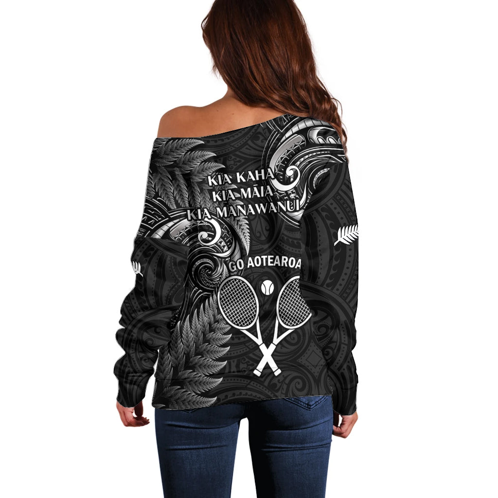 New Zealand Tiki Tennis Off Shoulder Sweater 2024 Aotearoa Tenehi Maori Silver Fern - Black - Vibe Hoodie Shop