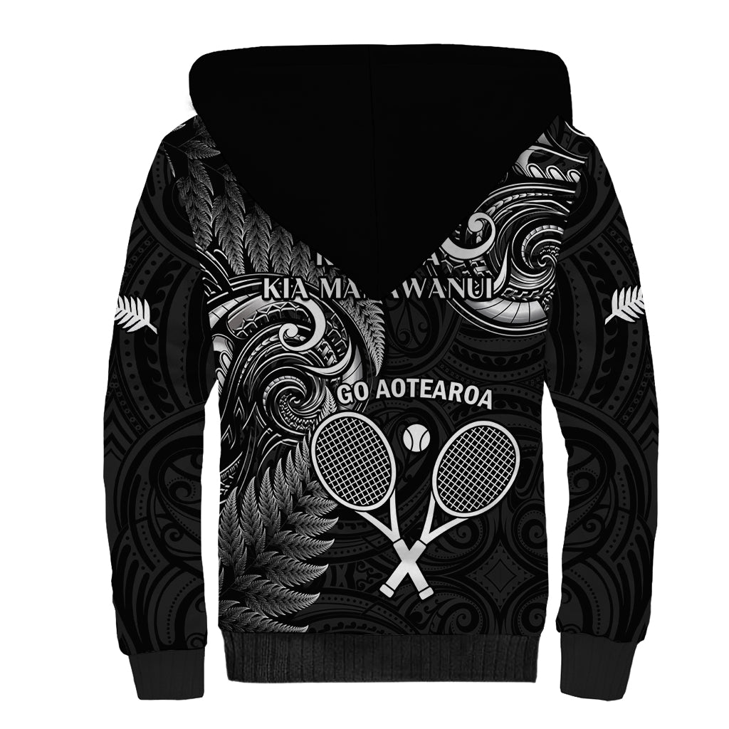 New Zealand Tiki Tennis Sherpa Hoodie 2024 Aotearoa Tenehi Maori Silver Fern - Black - Vibe Hoodie Shop