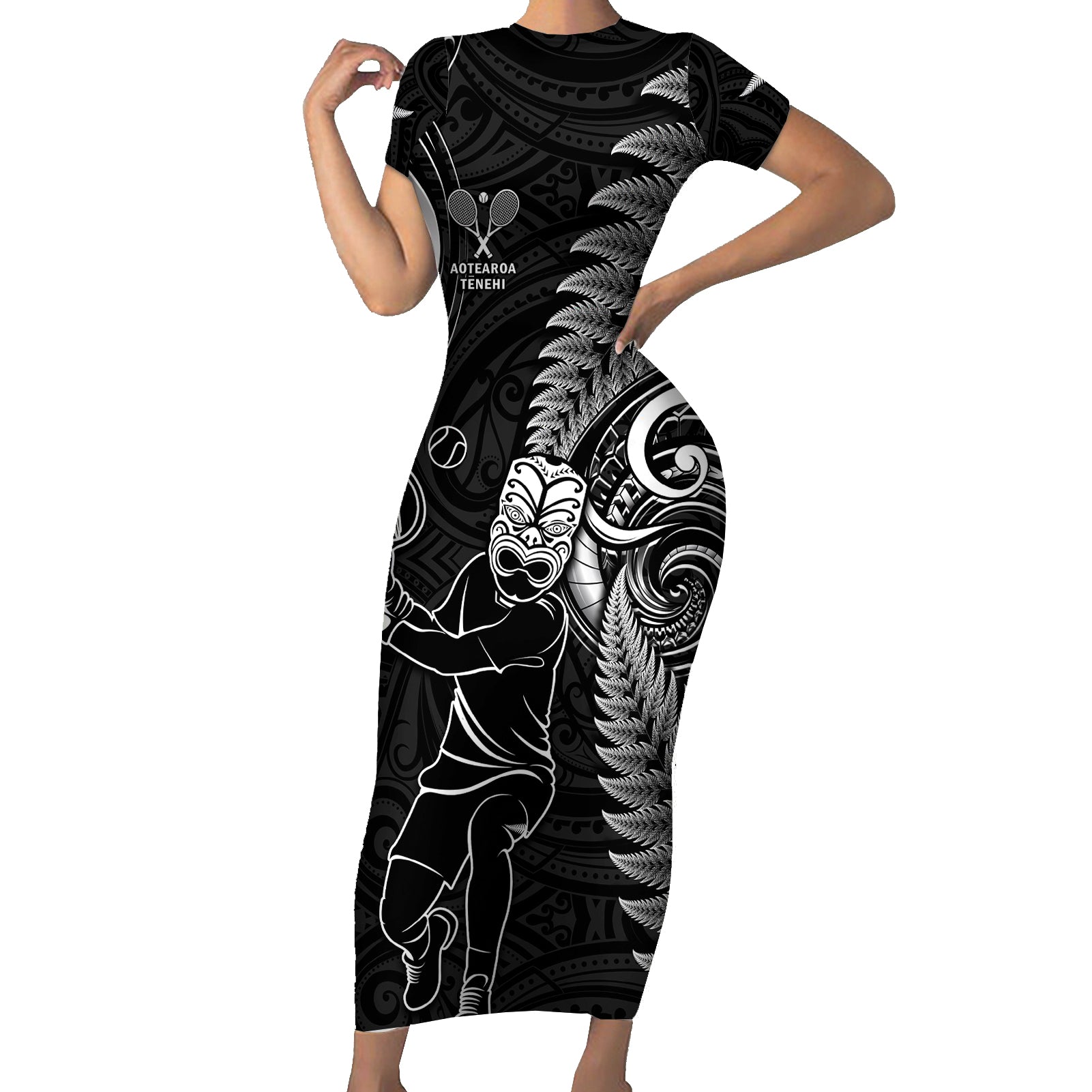 New Zealand Tiki Tennis Short Sleeve Bodycon Dress 2024 Aotearoa Tenehi Maori Silver Fern - Black