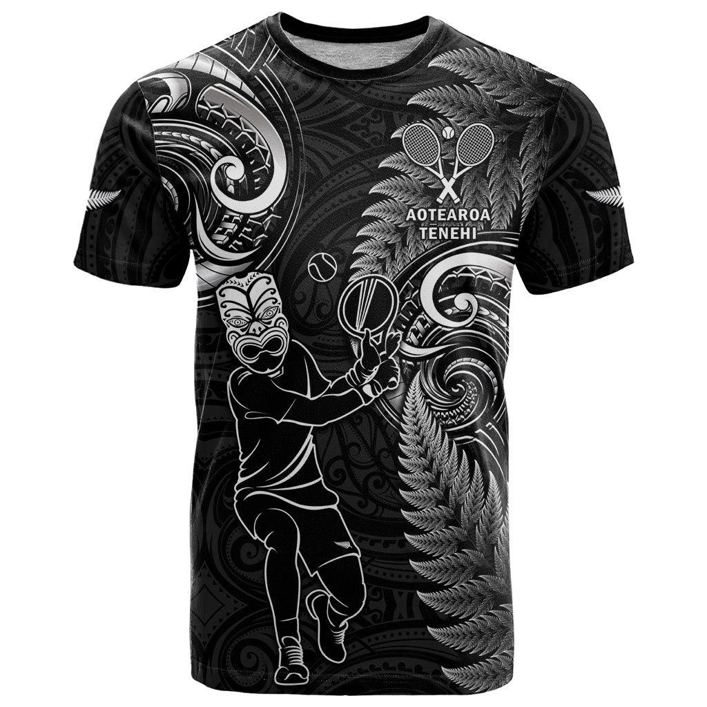 New Zealand Tiki Tennis T Shirt 2024 Aotearoa Tenehi Maori Silver Fern - Black - Vibe Hoodie Shop