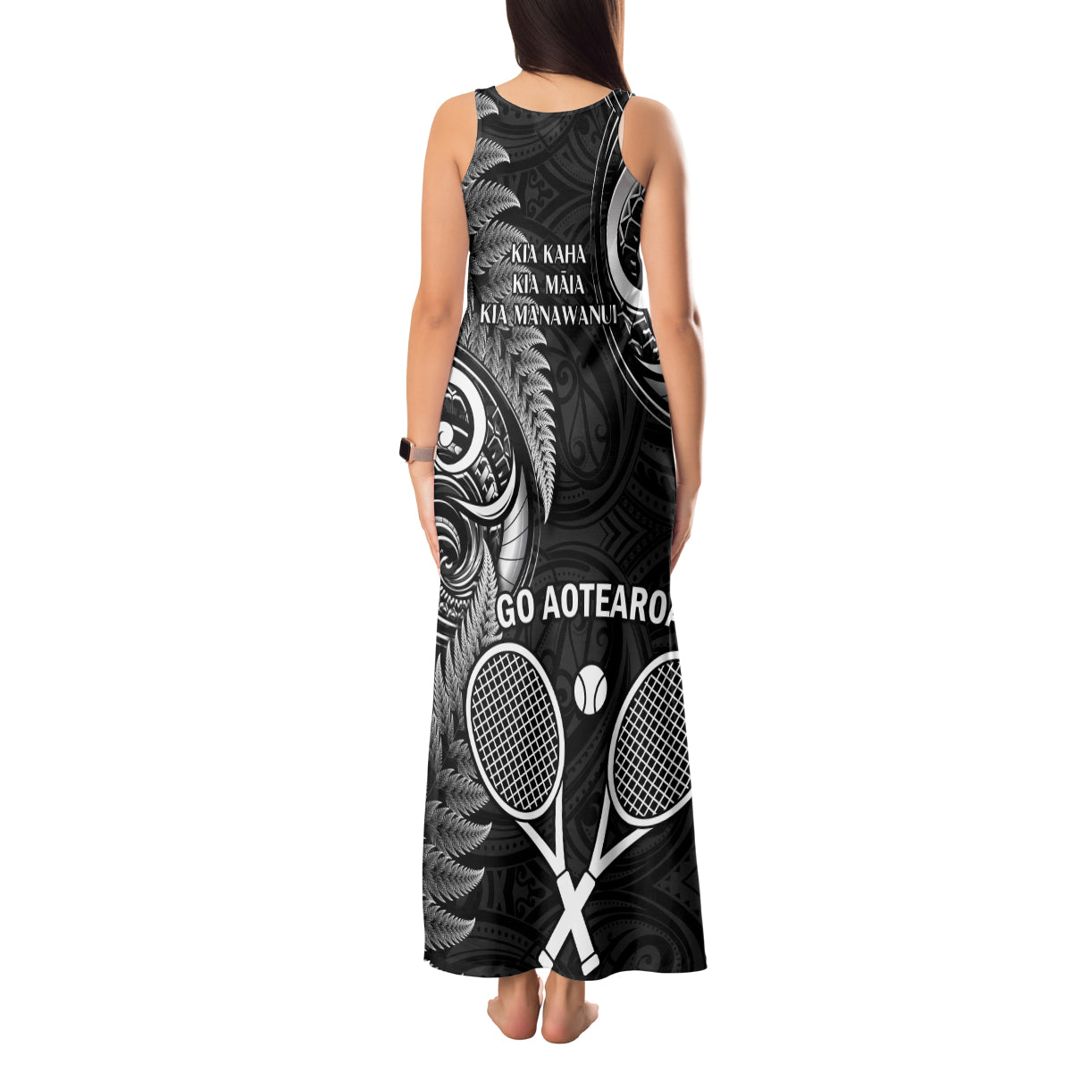 New Zealand Tiki Tennis Tank Maxi Dress 2024 Aotearoa Tenehi Maori Silver Fern - Black