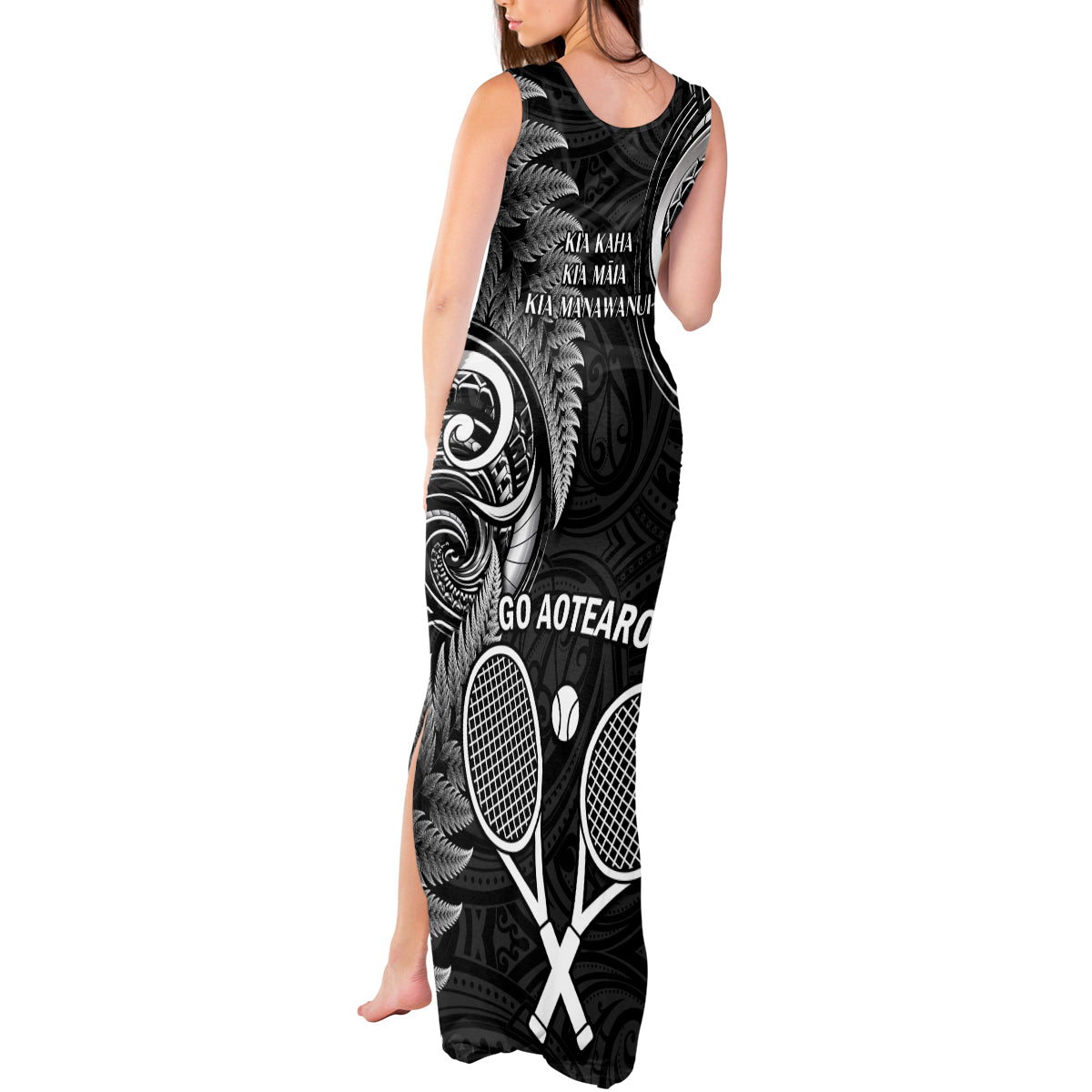 New Zealand Tiki Tennis Tank Maxi Dress 2024 Aotearoa Tenehi Maori Silver Fern - Black