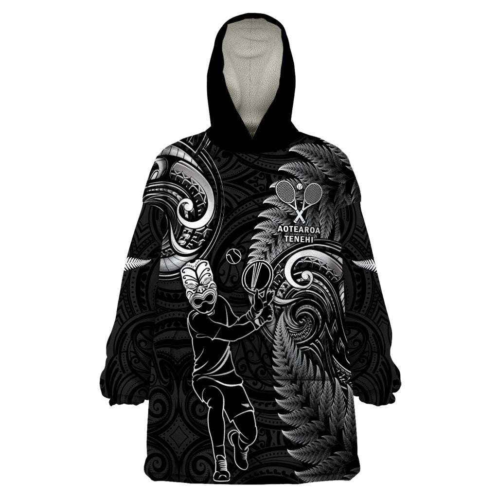 New Zealand Tiki Tennis Wearable Blanket Hoodie 2024 Aotearoa Tenehi Maori Silver Fern - Black - Vibe Hoodie Shop