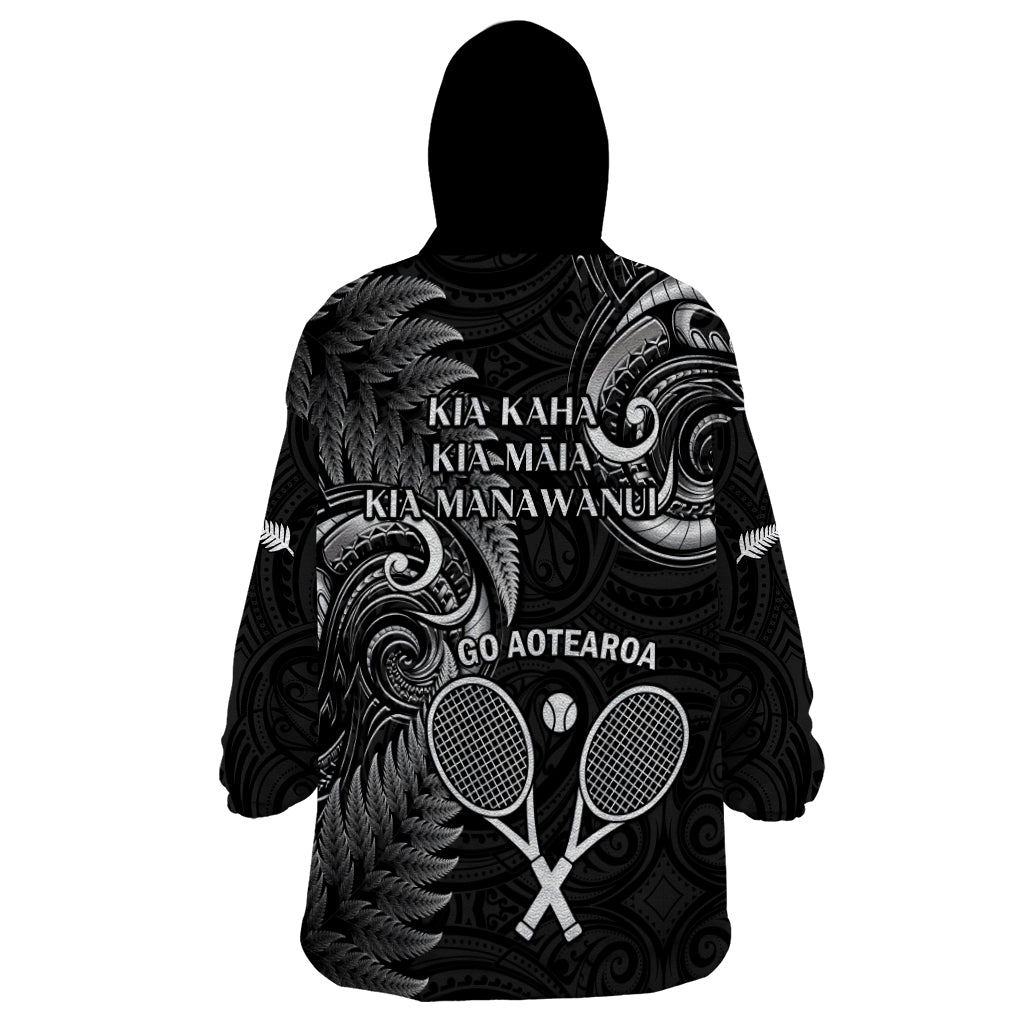 New Zealand Tiki Tennis Wearable Blanket Hoodie 2024 Aotearoa Tenehi Maori Silver Fern - Black - Vibe Hoodie Shop