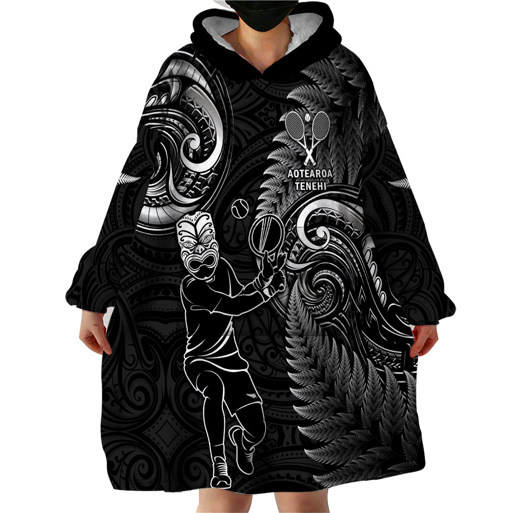 New Zealand Tiki Tennis Wearable Blanket Hoodie 2024 Aotearoa Tenehi Maori Silver Fern - Black - Vibe Hoodie Shop