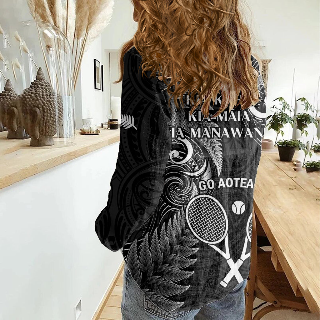 New Zealand Tiki Tennis Women Casual Shirt 2024 Aotearoa Tenehi Maori Silver Fern - Black - Vibe Hoodie Shop