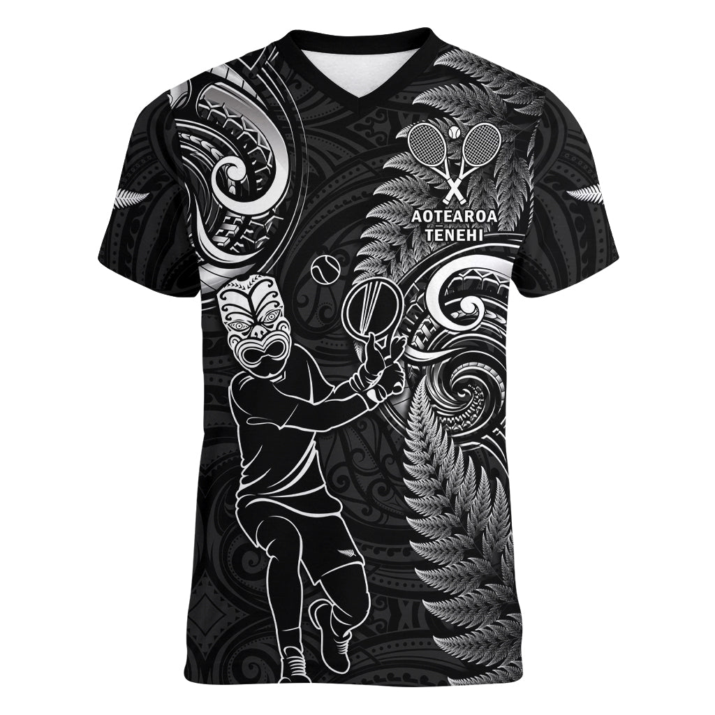 New Zealand Tiki Tennis Women V Neck T Shirt 2024 Aotearoa Tenehi Maori Silver Fern - Black - Vibe Hoodie Shop