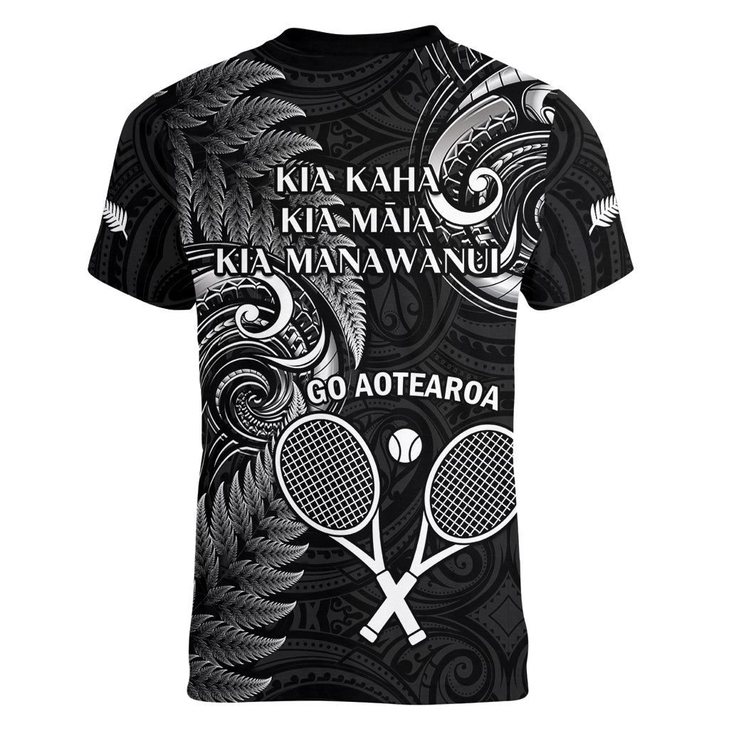 New Zealand Tiki Tennis Women V Neck T Shirt 2024 Aotearoa Tenehi Maori Silver Fern - Black - Vibe Hoodie Shop