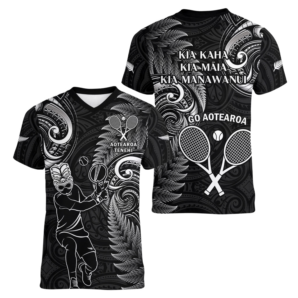 New Zealand Tiki Tennis Women V Neck T Shirt 2024 Aotearoa Tenehi Maori Silver Fern - Black - Vibe Hoodie Shop