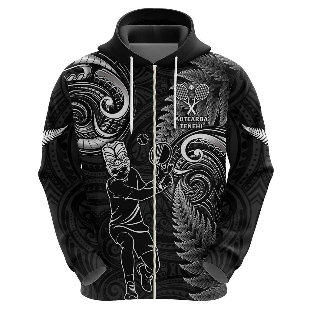 New Zealand Tiki Tennis Zip Hoodie 2024 Aotearoa Tenehi Maori Silver Fern - Black - Vibe Hoodie Shop