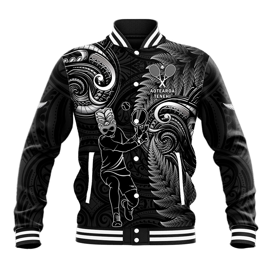 Custom New Zealand Tiki Tennis Baseball Jacket 2024 Aotearoa Tenehi Maori Silver Fern - Black - Vibe Hoodie Shop