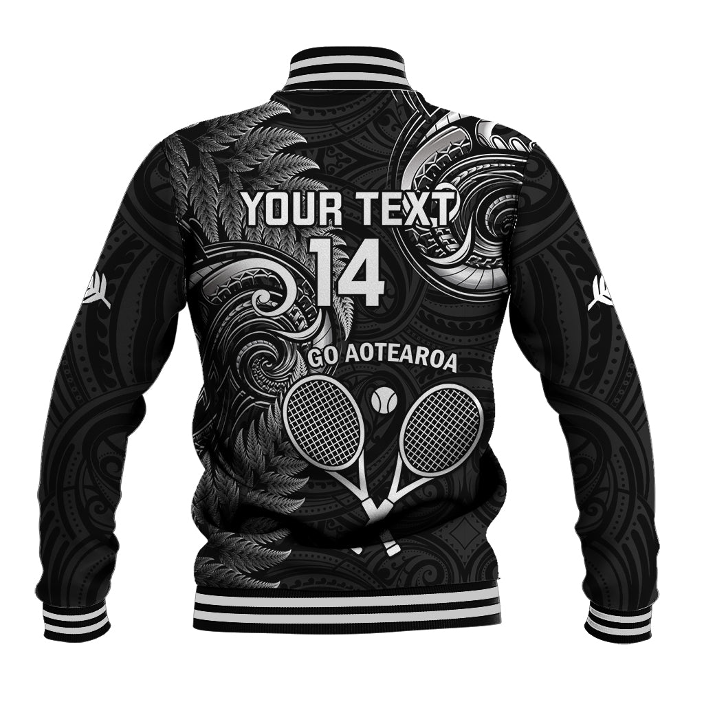 Custom New Zealand Tiki Tennis Baseball Jacket 2024 Aotearoa Tenehi Maori Silver Fern - Black - Vibe Hoodie Shop