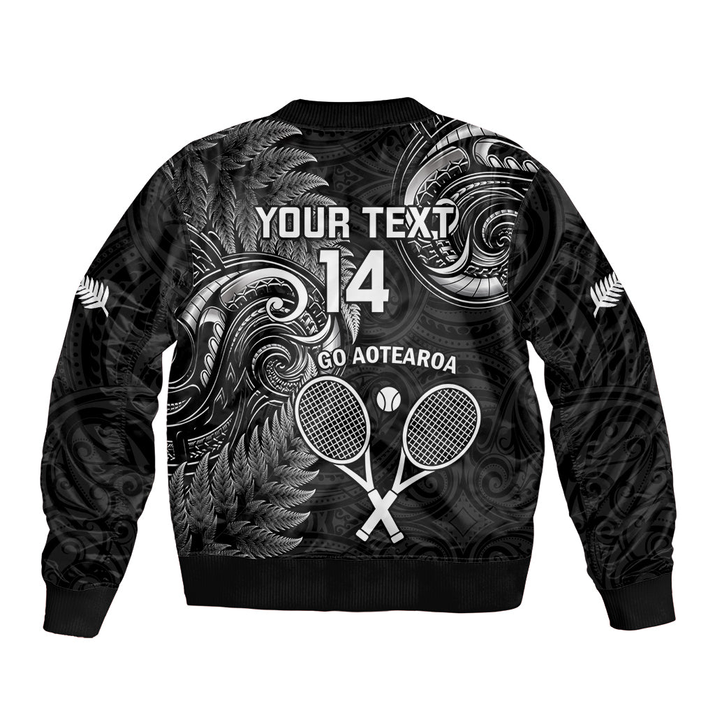 Custom New Zealand Tiki Tennis Bomber Jacket 2024 Aotearoa Tenehi Maori Silver Fern - Black - Vibe Hoodie Shop