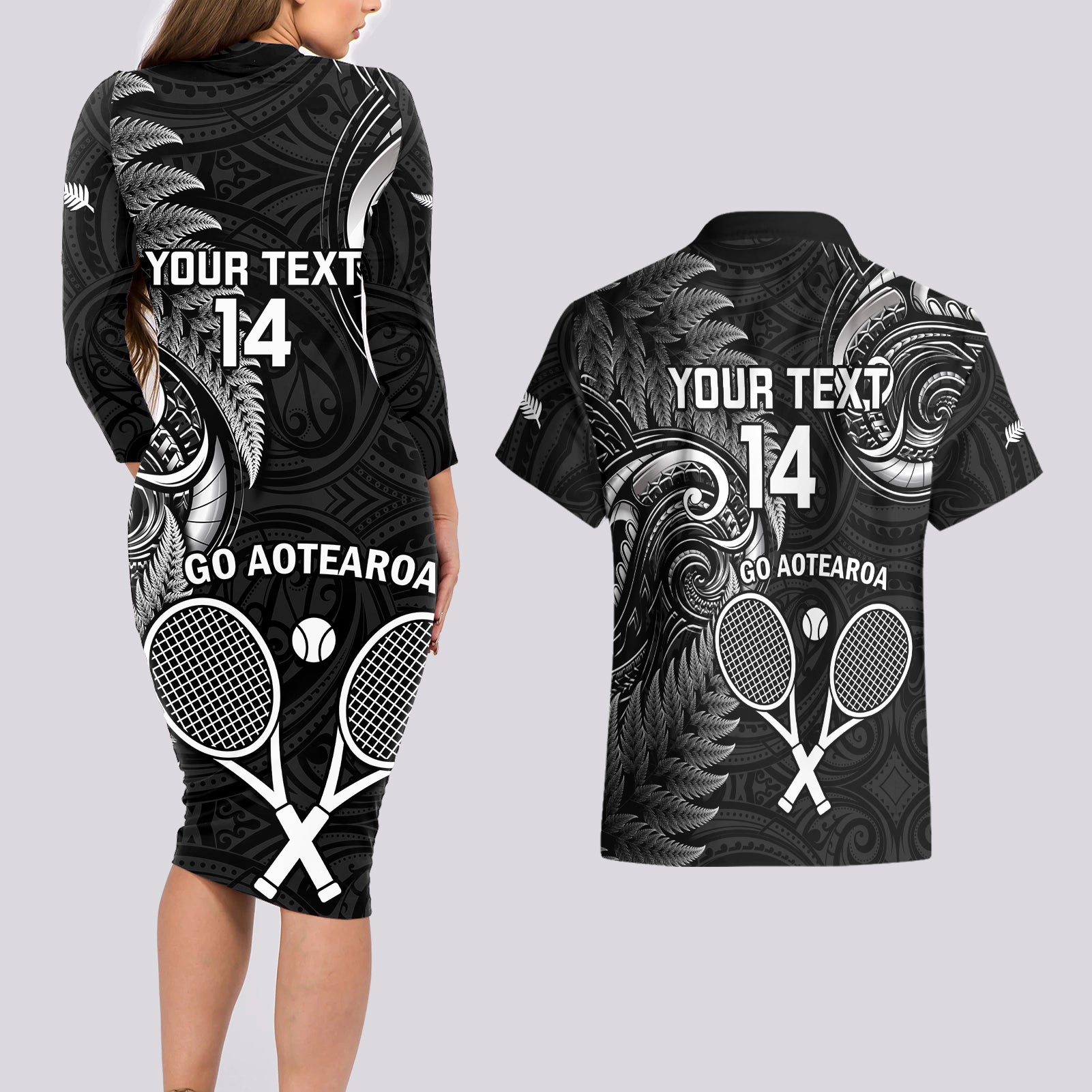 Custom New Zealand Tiki Tennis Couples Matching Long Sleeve Bodycon Dress and Hawaiian Shirt 2024 Aotearoa Tenehi Maori Silver Fern - Black