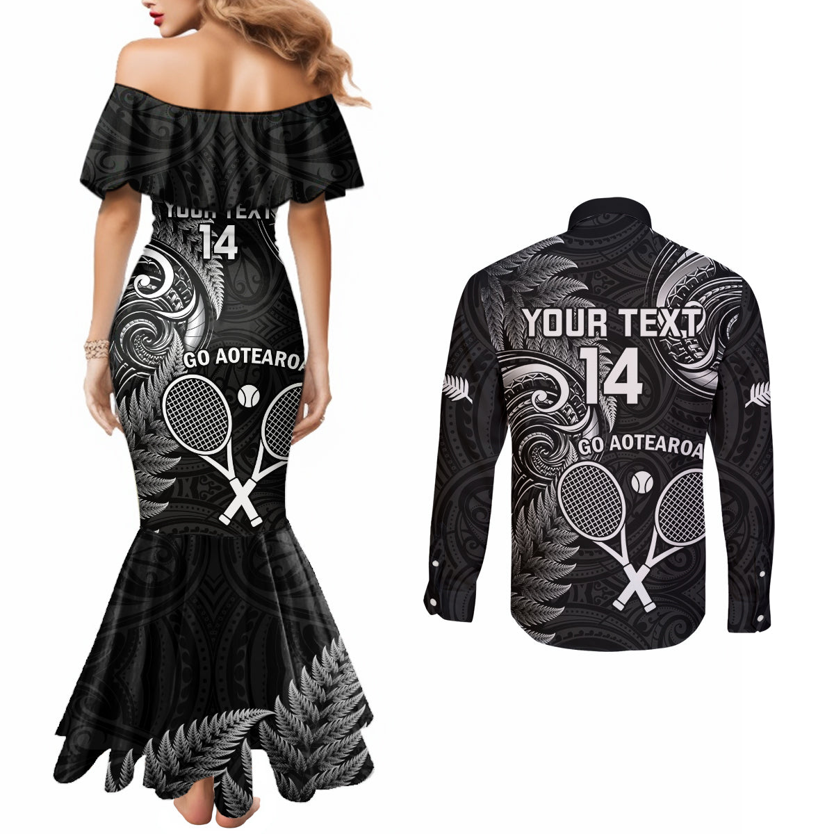 Custom New Zealand Tiki Tennis Couples Matching Mermaid Dress and Long Sleeve Button Shirt 2024 Aotearoa Tenehi Maori Silver Fern - Black