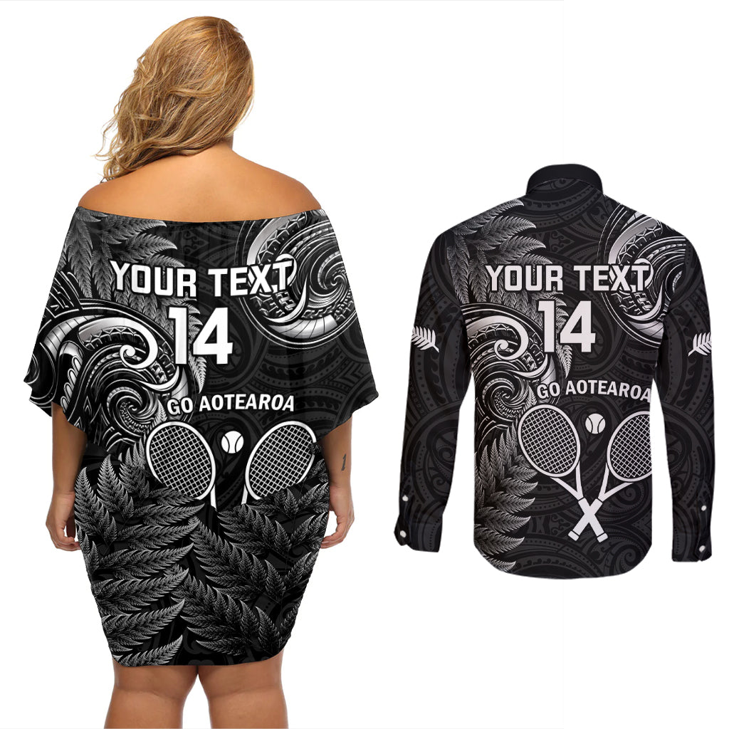 Custom New Zealand Tiki Tennis Couples Matching Off Shoulder Short Dress and Long Sleeve Button Shirt 2024 Aotearoa Tenehi Maori Silver Fern - Black